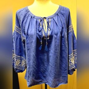 LAUNDRY by Shelli Segal Cobalt Blue Embroidered Cotton Peasant Blouse Size Med